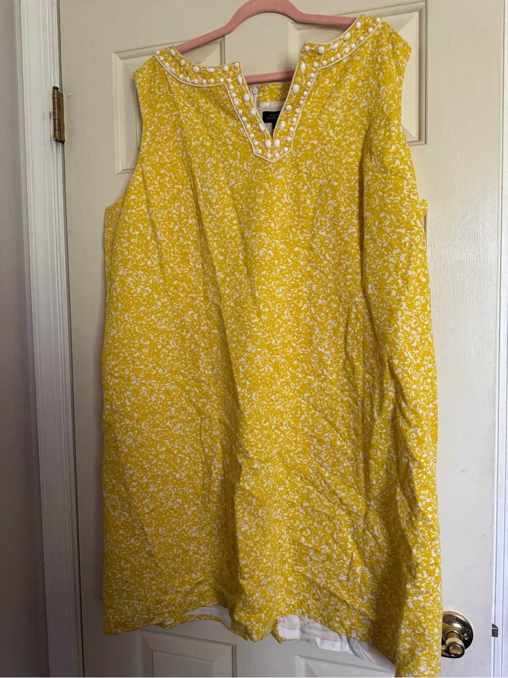 Tahari Yellow Floral Sleeveless V-Neck Mini Dress with Pearl Trim, Size 22